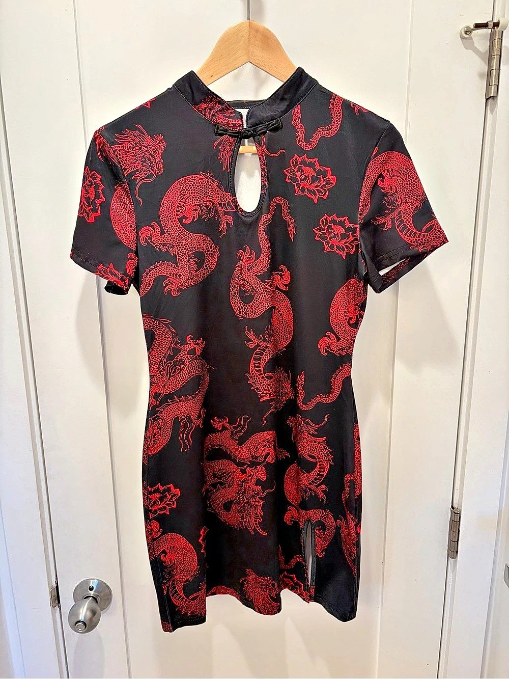 Y2K Sexy Dragon Print Kimono Mini Dress Slit Tattoo Goth Red Black Size M
